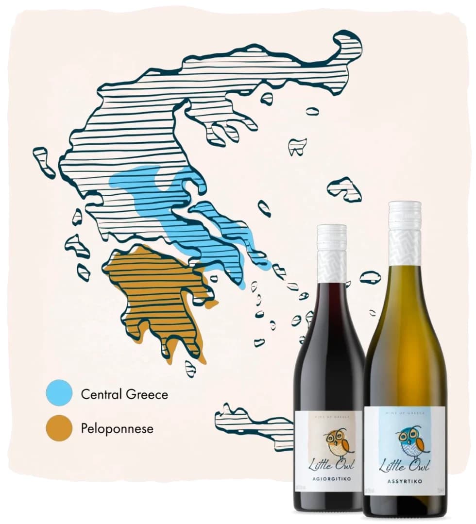 Map of Greece showing Central Greece and Peloponnese wine regions — home to Little Owl Assyrtiko and Agiorgitiko