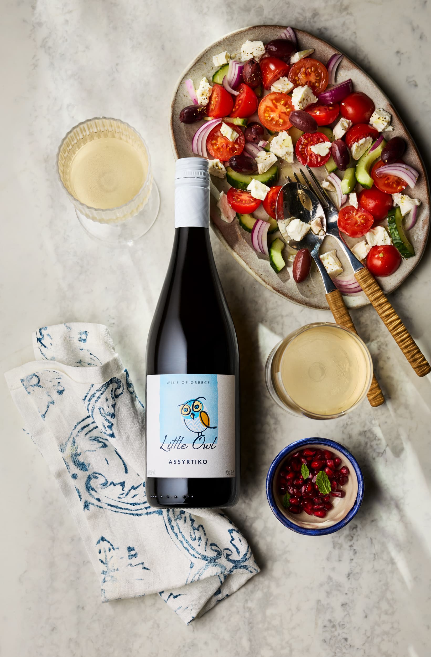 Little Owl Assyrtiko with Greek salad — the art of sharing at the table